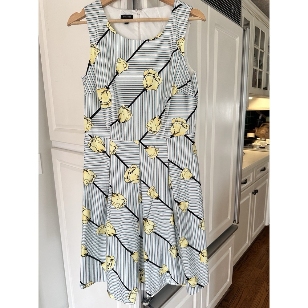 Spring Garden Party TALBOTS Womens 10 Blue Yellow Tulip Cotton Fit & Flare Dress